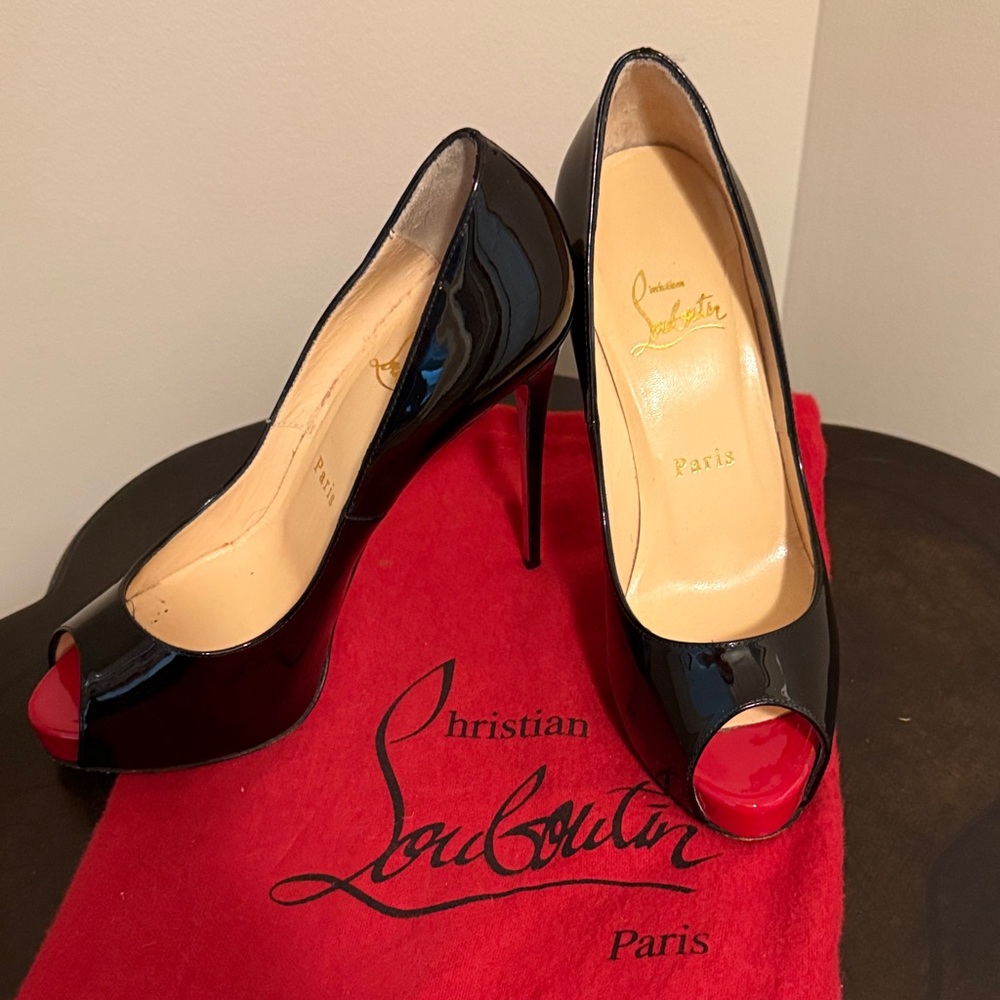 Christian Louboutin Black Patent Peep Toe Heels with Iconic Red Soles